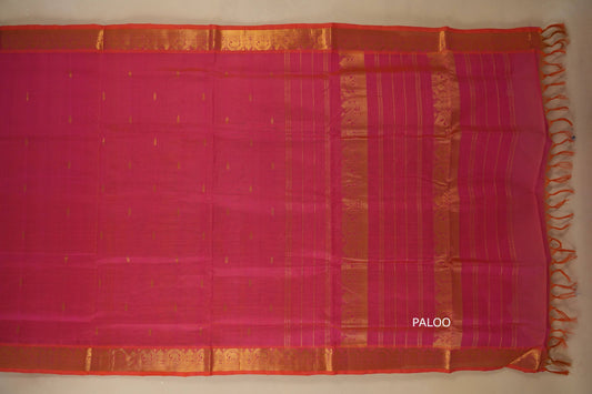 Pink saree with gold border , silk cotton, nine and a half yards, 