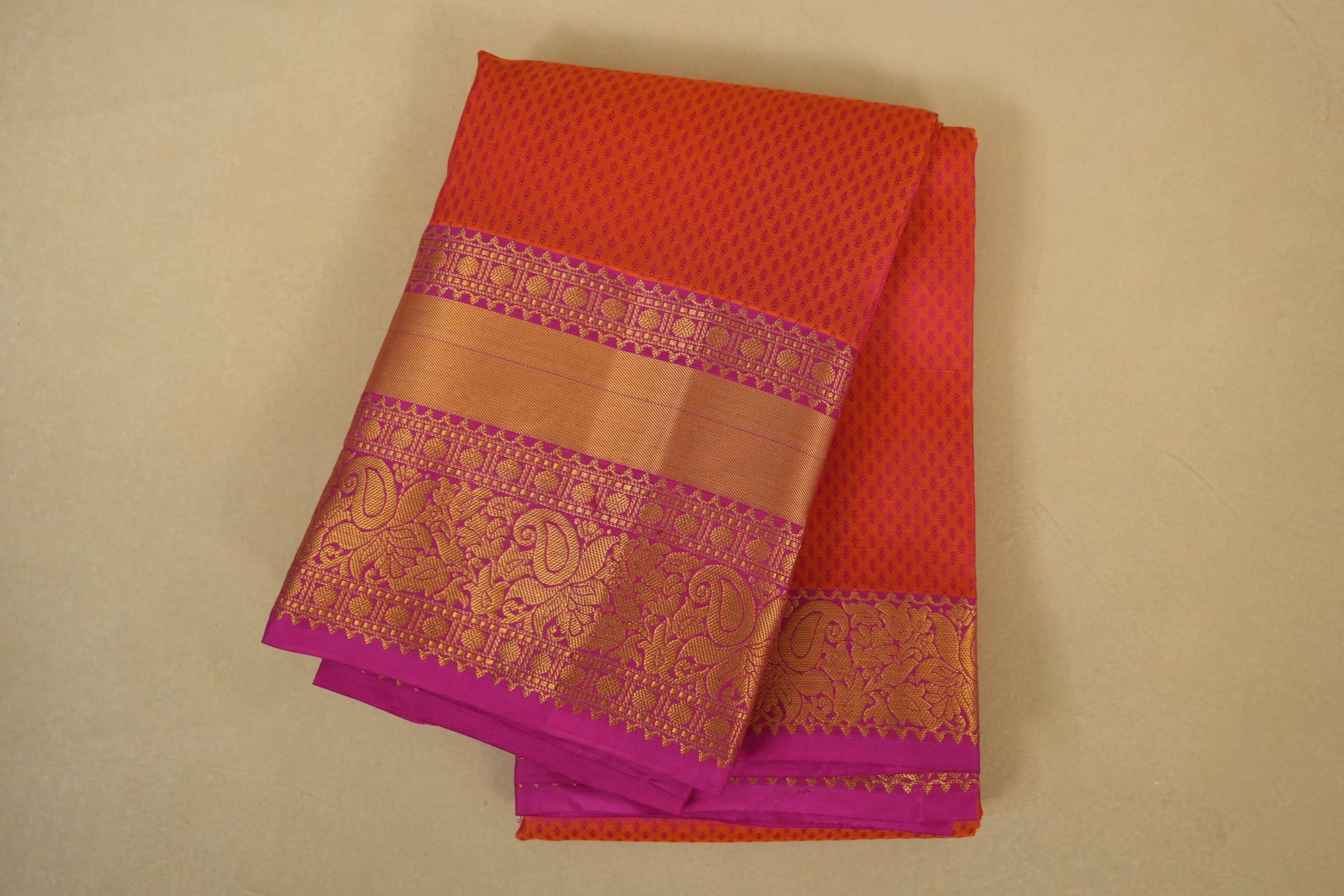 Folded Orange with Pink Borders Light weight Kanchipuram Silk Saree