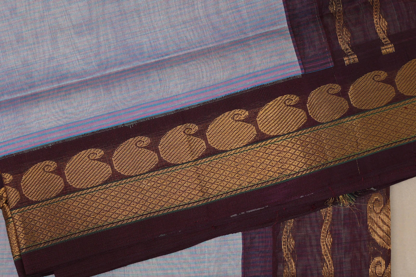 Ice blue with Deep plum Nine And A Half Yards Silk Cotton Saree by Shreenivas silks PSSR019146