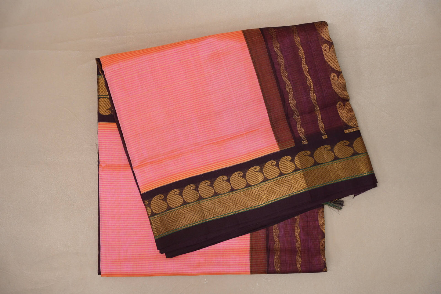 Peach pink with Deep plum Nine And A Half Yards Silk Cotton Saree by Shreenivas silks PSSR019147