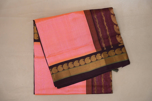 Peach pink with Deep plum Nine And A Half Yards Silk Cotton Saree by Shreenivas silks PSSR019147 - Parisera