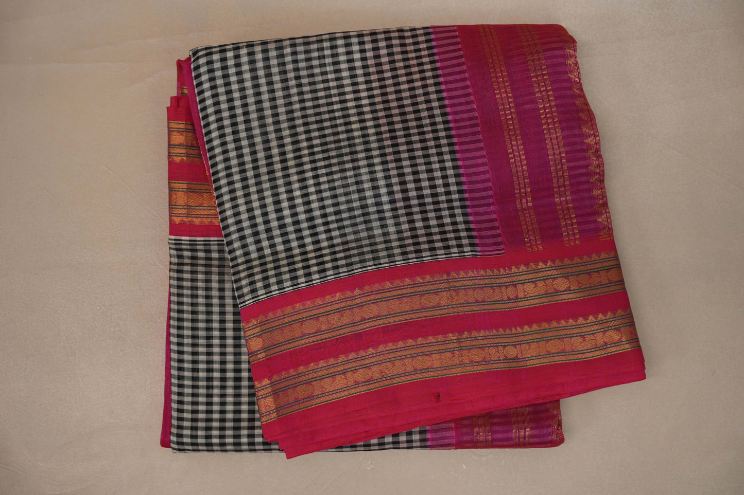 Black and White Checks with Bright pink Nine And A Half Yards Silk Cotton Saree by Shreenivas silks PSSR019149