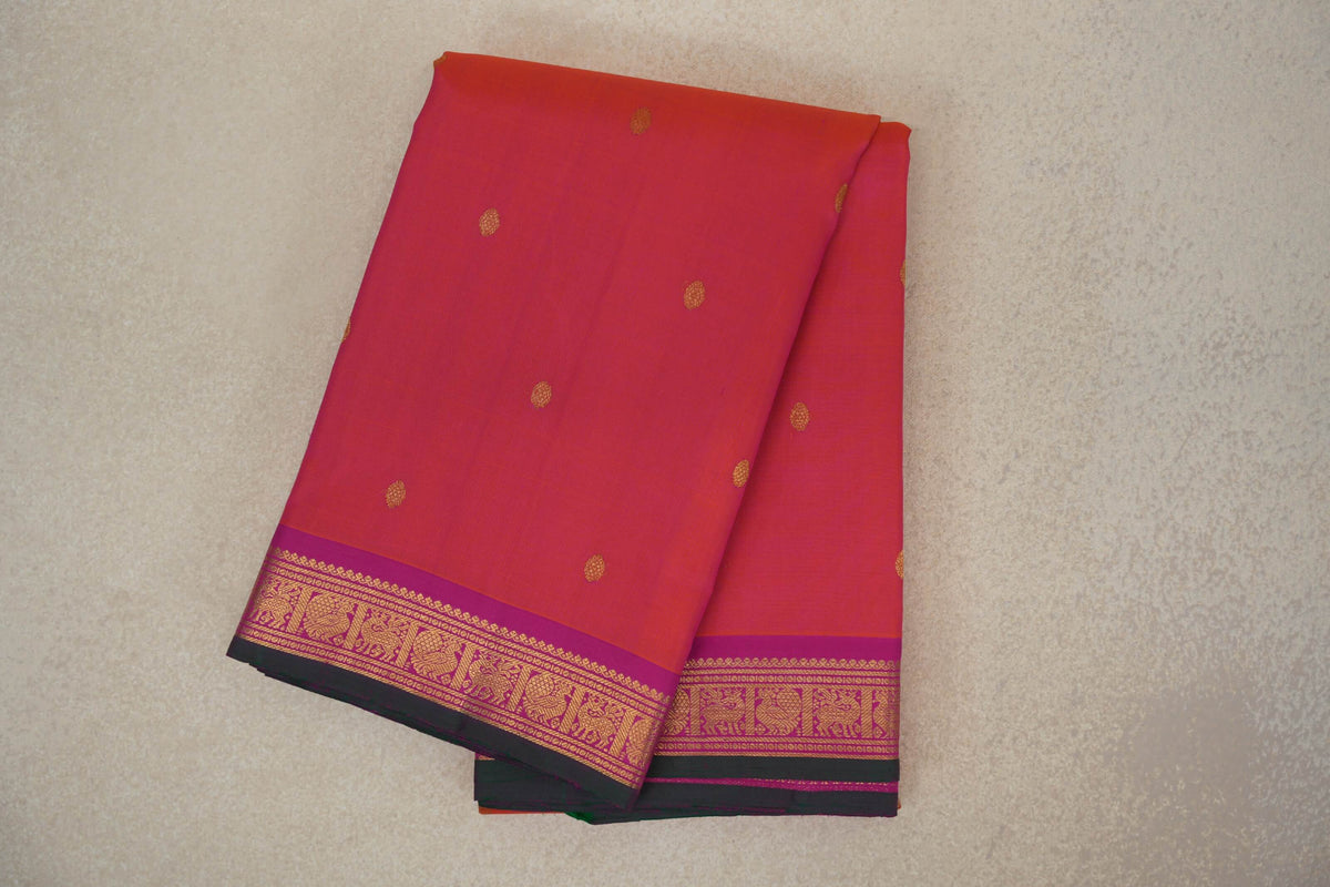 Dual Tone of Orange and Pink with Magenta Borders with Dark Green Selvedge Vintage Kanjivaram Silk Saree by Shreenivas Silks PSSR0110271