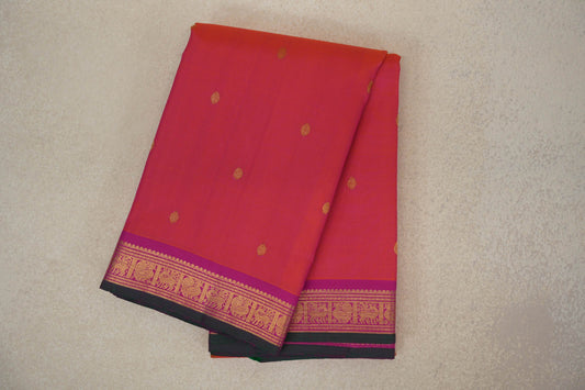 Dual Tone of Orange and Pink with Magenta Borders with Dark Green Selvedge Vintage Kanjivaram Silk Saree by Shreenivas Silks PSSR0110271 - Parisera