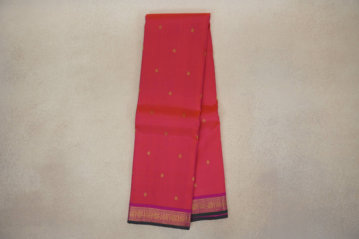 Dual Tone of Orange and Pink with Magenta Borders with Dark Green Selvedge Vintage Kanjivaram Silk Saree by Shreenivas Silks PSSR0110271