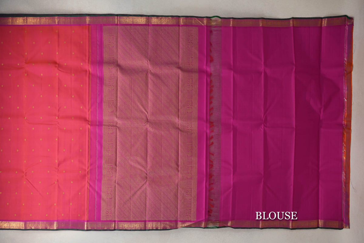 Dual Tone of Orange and Pink with Magenta Borders with Dark Green Selvedge Vintage Kanjivaram Silk Saree by Shreenivas Silks PSSR0110271