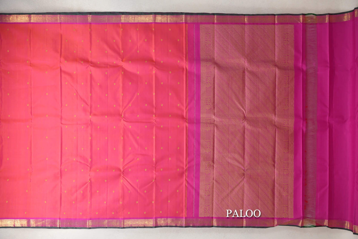 Dual Tone of Orange and Pink with Magenta Borders with Dark Green Selvedge Vintage Kanjivaram Silk Saree by Shreenivas Silks PSSR0110271