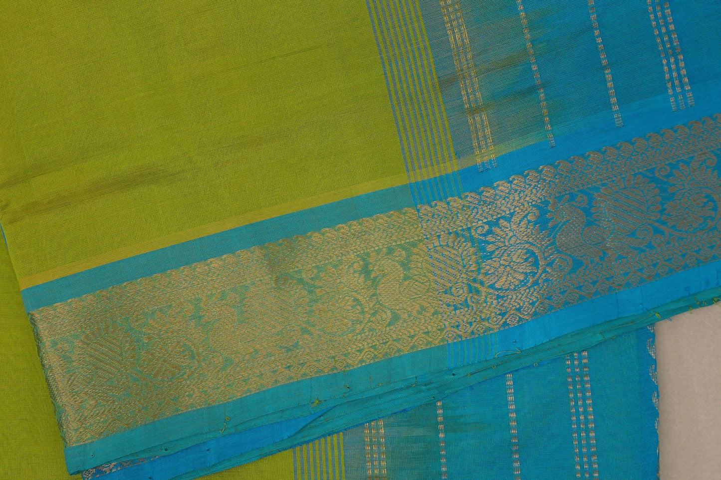 Bright Leaf Green with aqua blue Nine And A Half Yards Silk Cotton Saree by Shreenivas silks PSSR019152