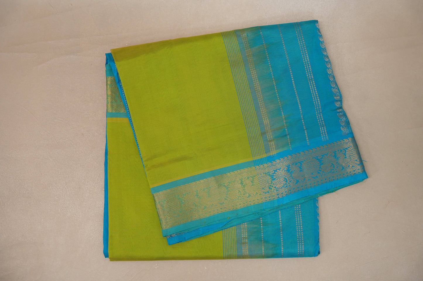 Bright Leaf Green with aqua blue Nine And A Half Yards Silk Cotton Saree by Shreenivas silks PSSR019152