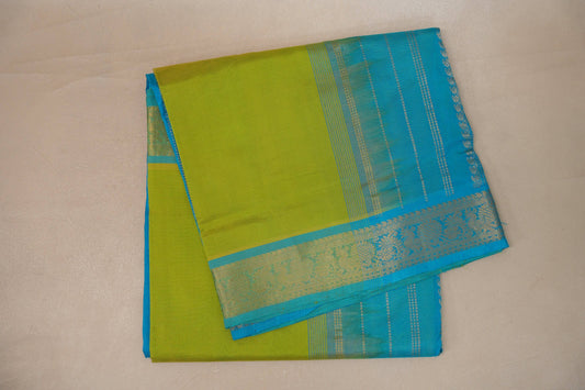 Bright Leaf Green with aqua blue Nine And A Half Yards Silk Cotton Saree by Shreenivas silks PSSR019152 - Parisera