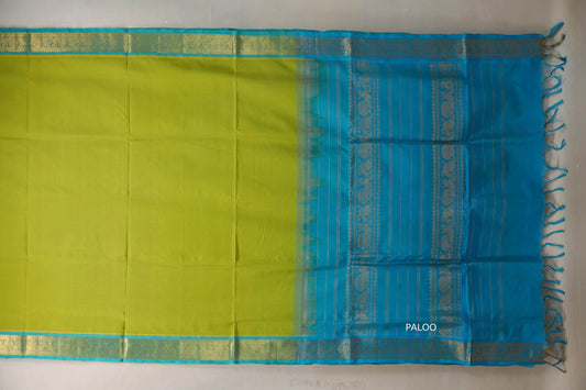 Bright Leaf Green with aqua blue Nine And A Half Yards Silk Cotton Saree by Shreenivas silks PSSR019152 - Parisera