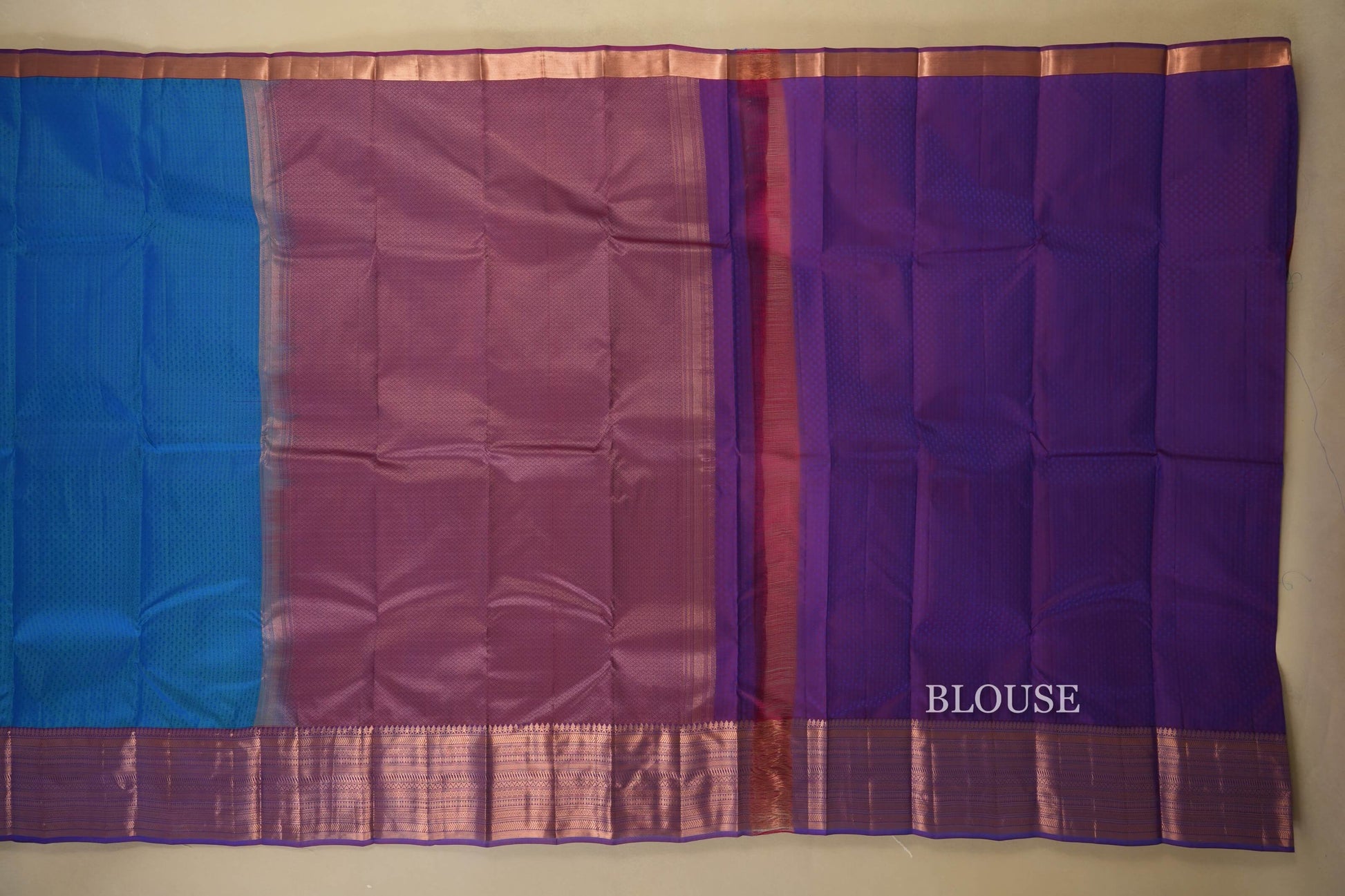 Peacock Blue with Violet Light Weight Kanchipuram Silk Saree blouse