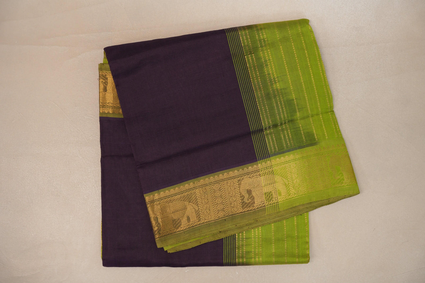Deep purple with Bright Leaf Green Nine And A Half Yards Silk Cotton Saree by Shreenivas silks PSSR019153