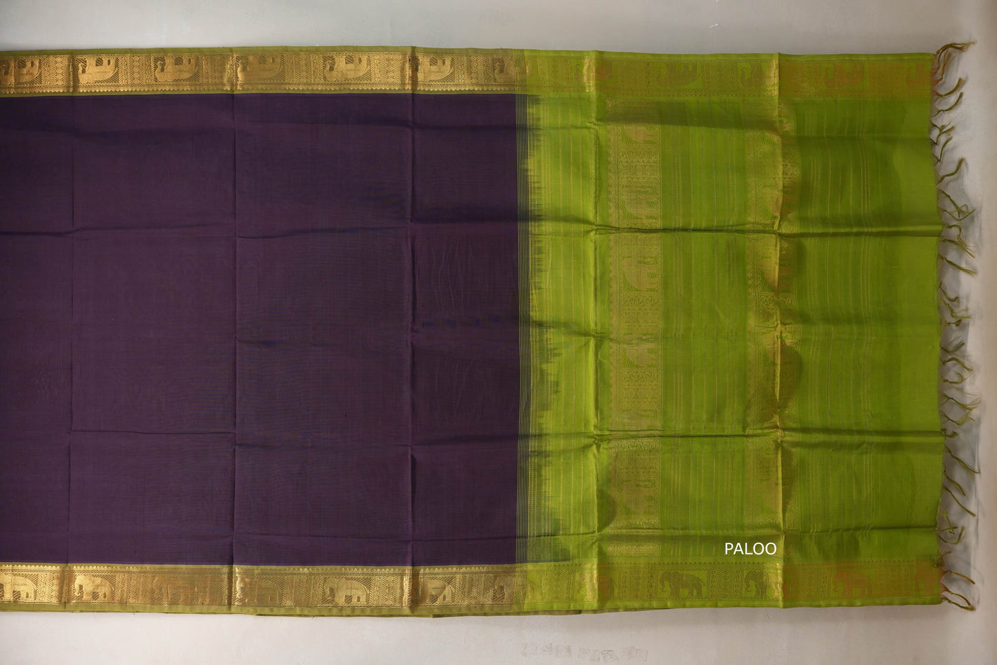 Deep purple with Bright Leaf Green Nine And A Half Yards Silk Cotton Saree by Shreenivas silks PSSR019153