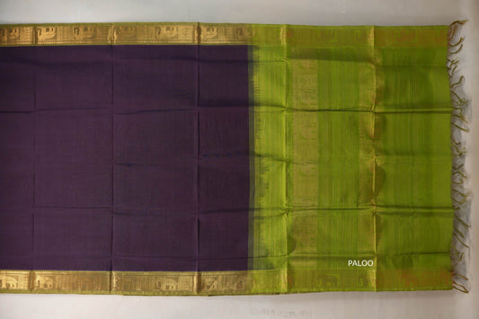 Deep purple with Bright Leaf Green Nine And A Half Yards Silk Cotton Saree by Shreenivas silks PSSR019153 - Parisera