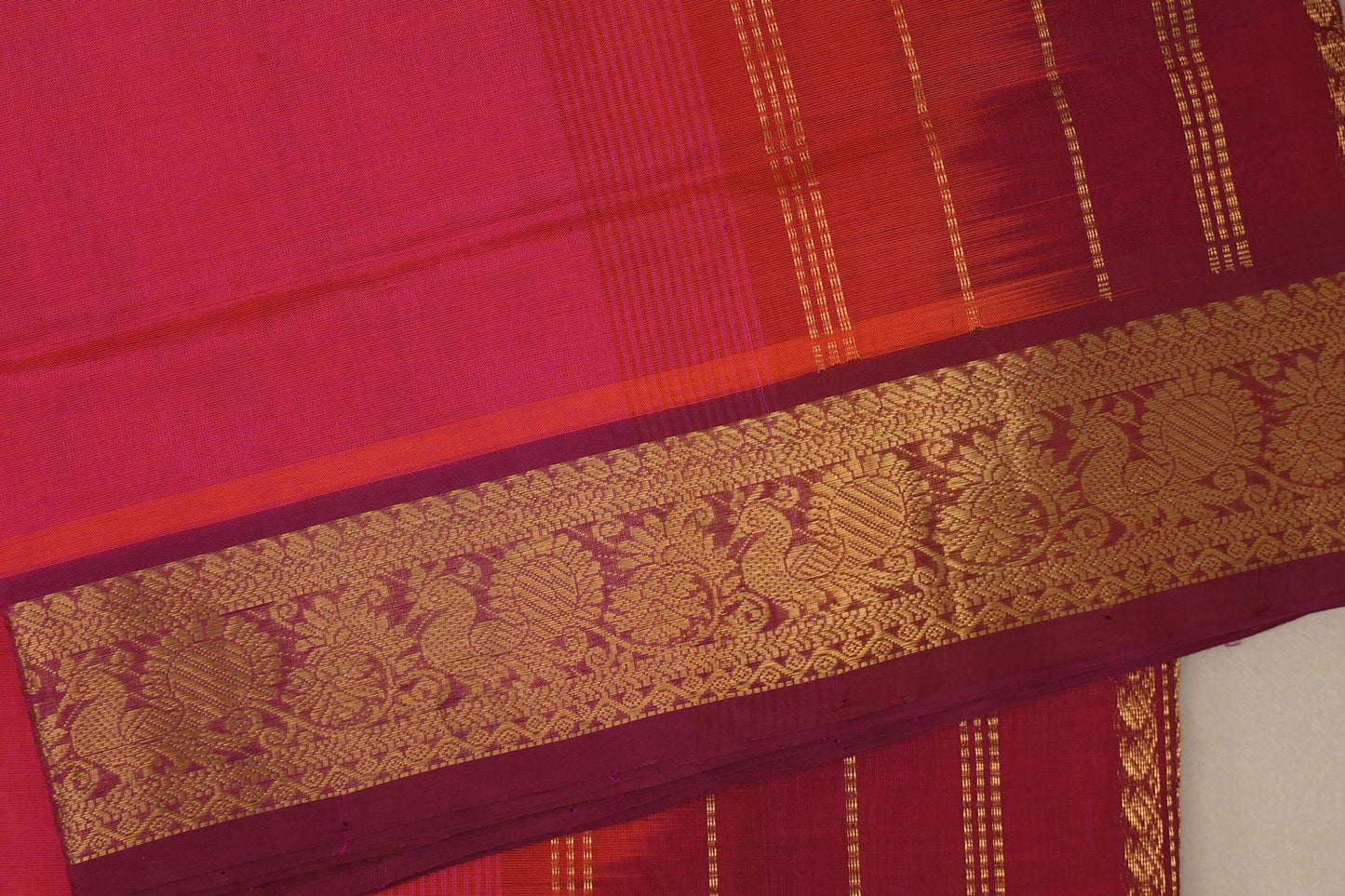 Orangish pink with Reddish Maroon Nine And A Half Yards Silk Cotton Saree by Shreenivas silks PSSR019155
