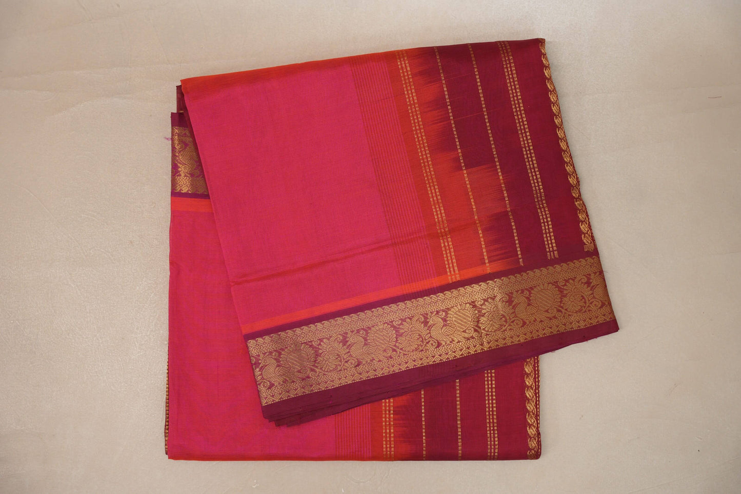 Orangish pink with Reddish Maroon Nine And A Half Yards Silk Cotton Saree by Shreenivas silks PSSR019155