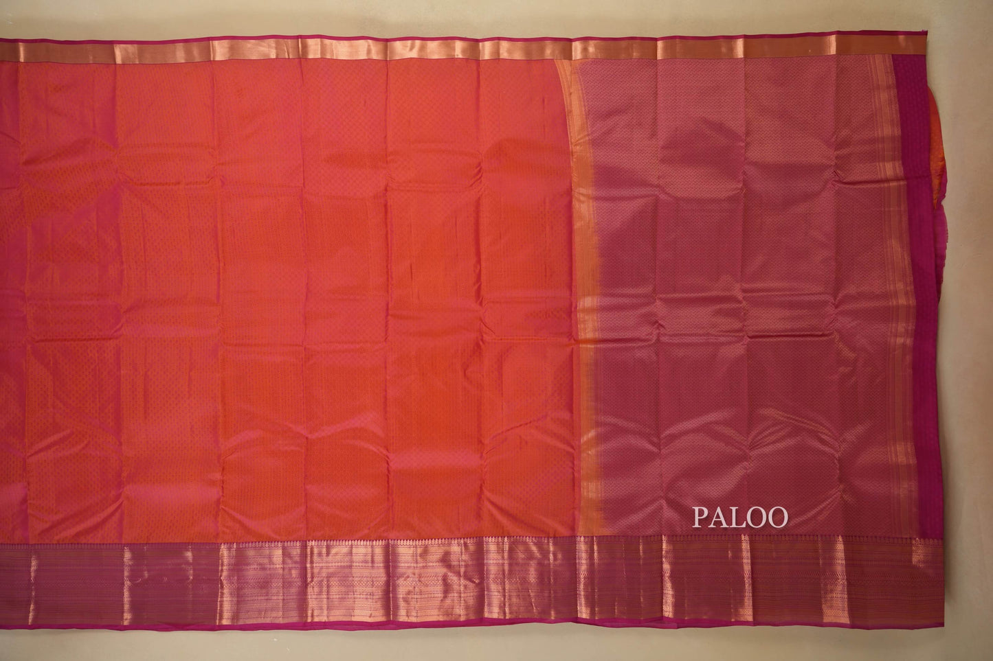 Pinkish Orange Light Weight Kanchipuram Silk Saree Paloo