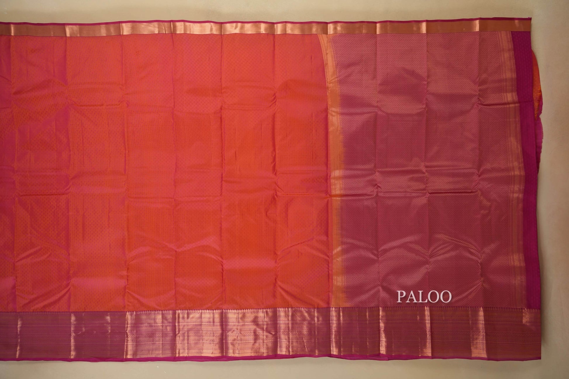 Pinkish Orange Light Weight Kanchipuram Silk Saree Paloo