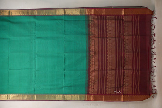 Emerald Green with Reddish Maroon Nine And A Half Yards Silk Cotton Saree by Shreenivas silks PSSR019156 - Parisera