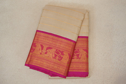 Cream with Bright Rani Pink Borders Vintage Beldhary Kanjivaram Silk Saree by Shreenivas Silks PSSR0110276 - Parisera