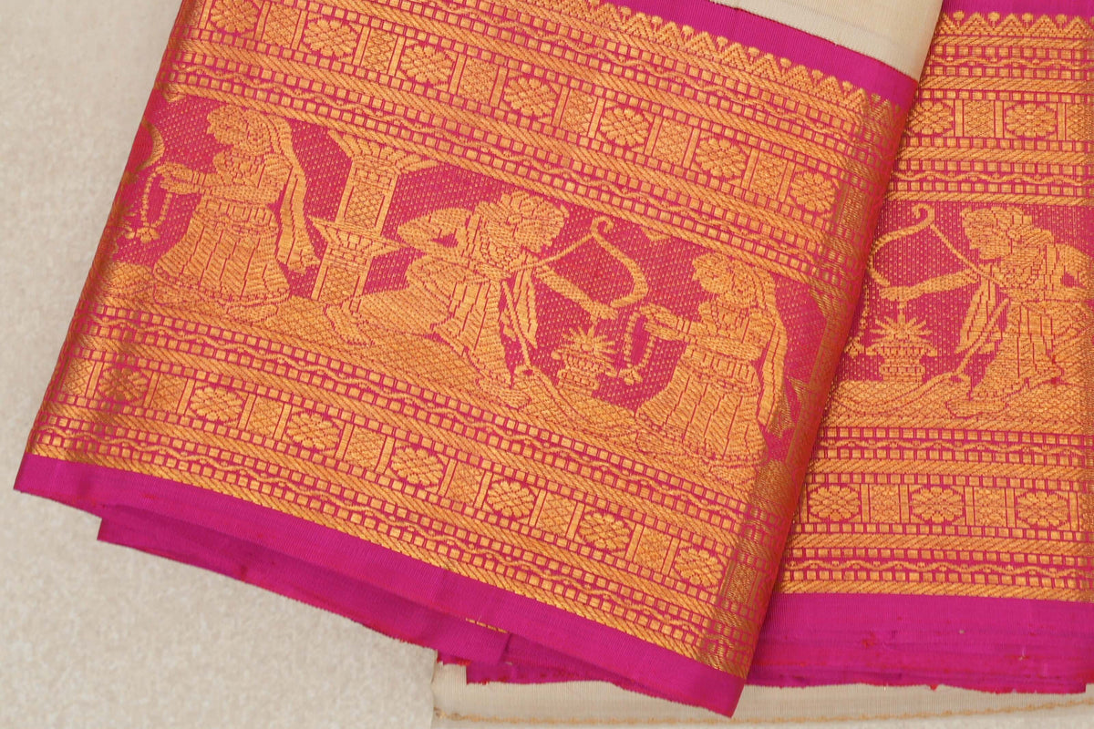 Cream with Bright Rani Pink Borders Vintage Beldhary Kanjivaram Silk Saree by Shreenivas Silks PSSR0110276