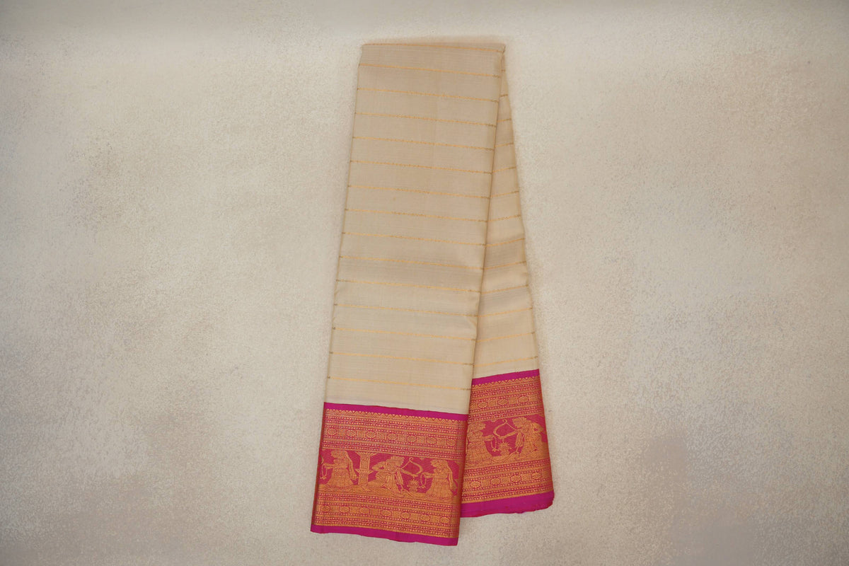 Cream with Bright Rani Pink Borders Vintage Beldhary Kanjivaram Silk Saree by Shreenivas Silks PSSR0110276
