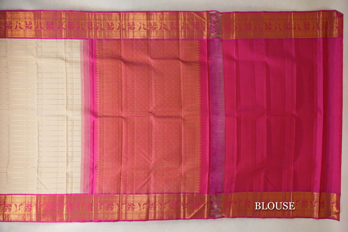 Cream with Bright Rani Pink Borders Vintage Beldhary Kanjivaram Silk Saree by Shreenivas Silks PSSR0110276