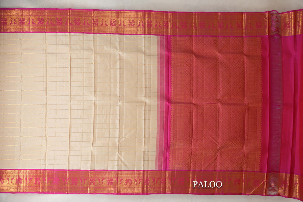 Cream with Bright Rani Pink Borders Vintage Beldhary Kanjivaram Silk Saree by Shreenivas Silks PSSR0110276