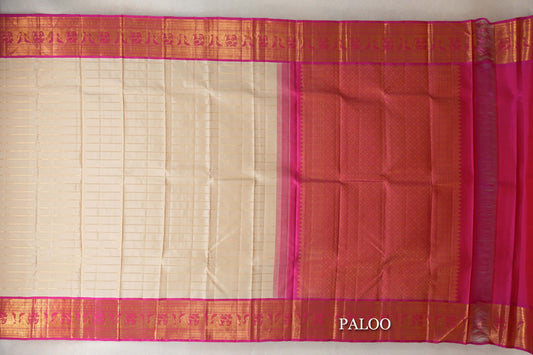 Cream with Bright Rani Pink Borders Vintage Beldhary Kanjivaram Silk Saree by Shreenivas Silks PSSR0110276 - Parisera