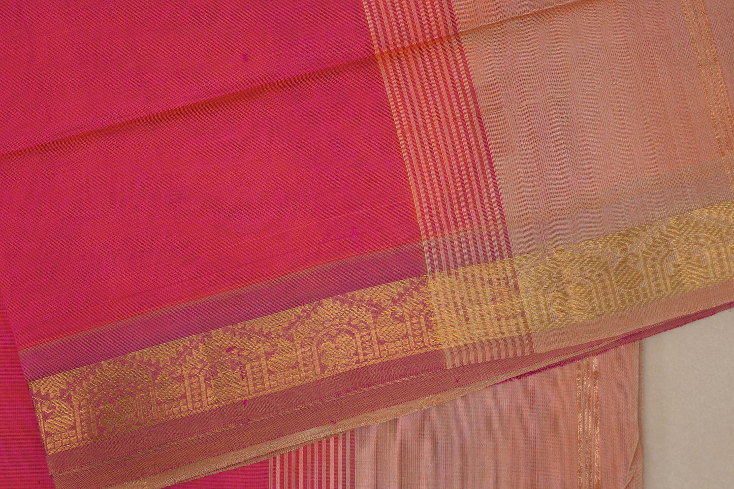 Orangish pink with Light peach borders Nine And A Half Yards Silk Cotton Saree by Shreenivas silks PSSR019161