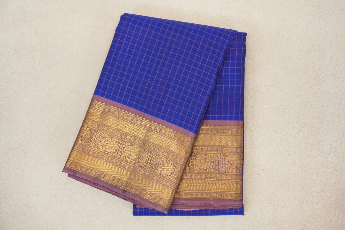 Royal Blue with Dusty Mauve Borders Vintage Kanjivaram Silk Saree by Shreenivas Silks PSSR0110277