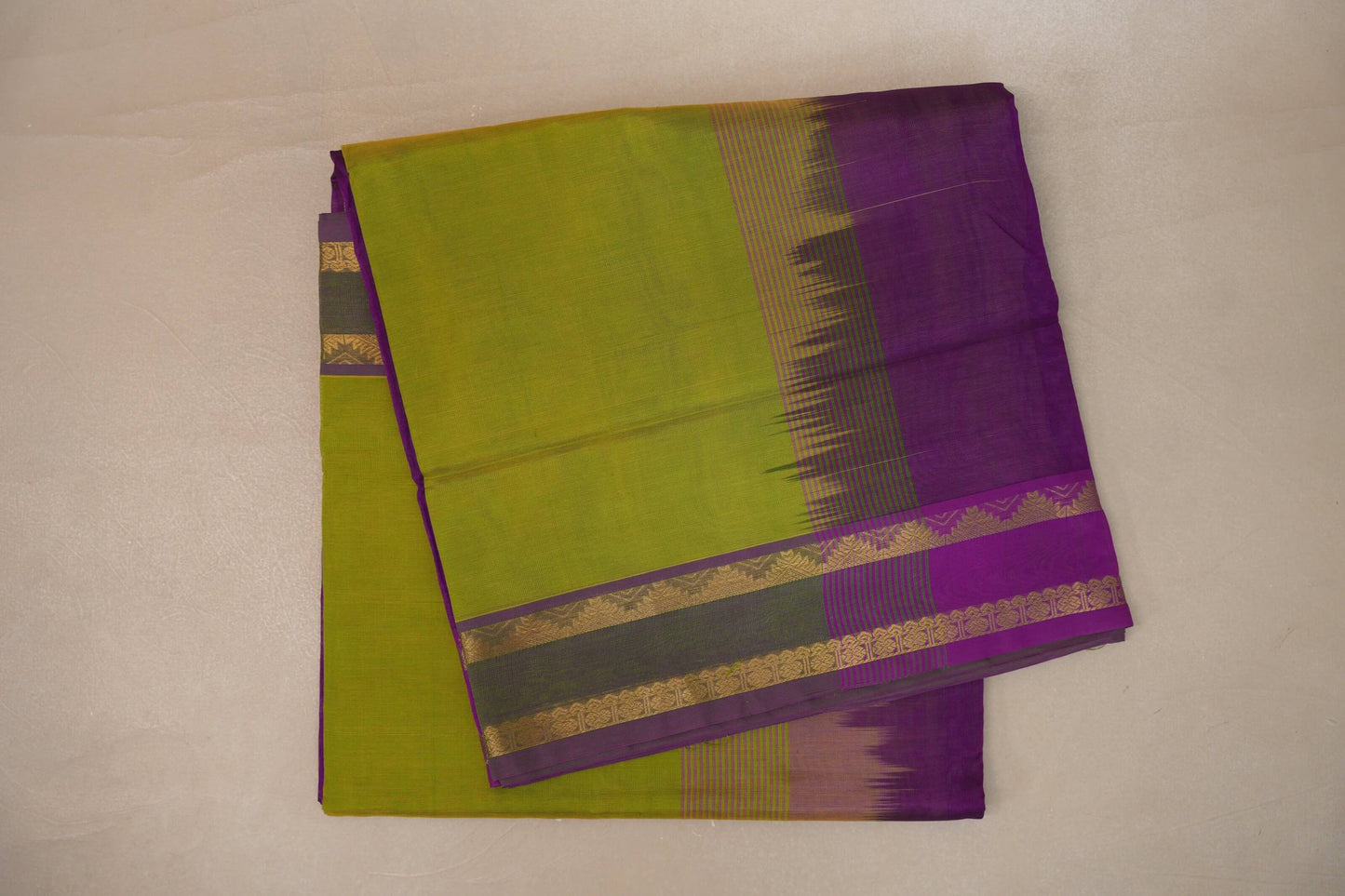 Yellowish Green with purple borders Nine And A Half Yards Silk Cotton Saree by Shreenivas silks PSSR019162