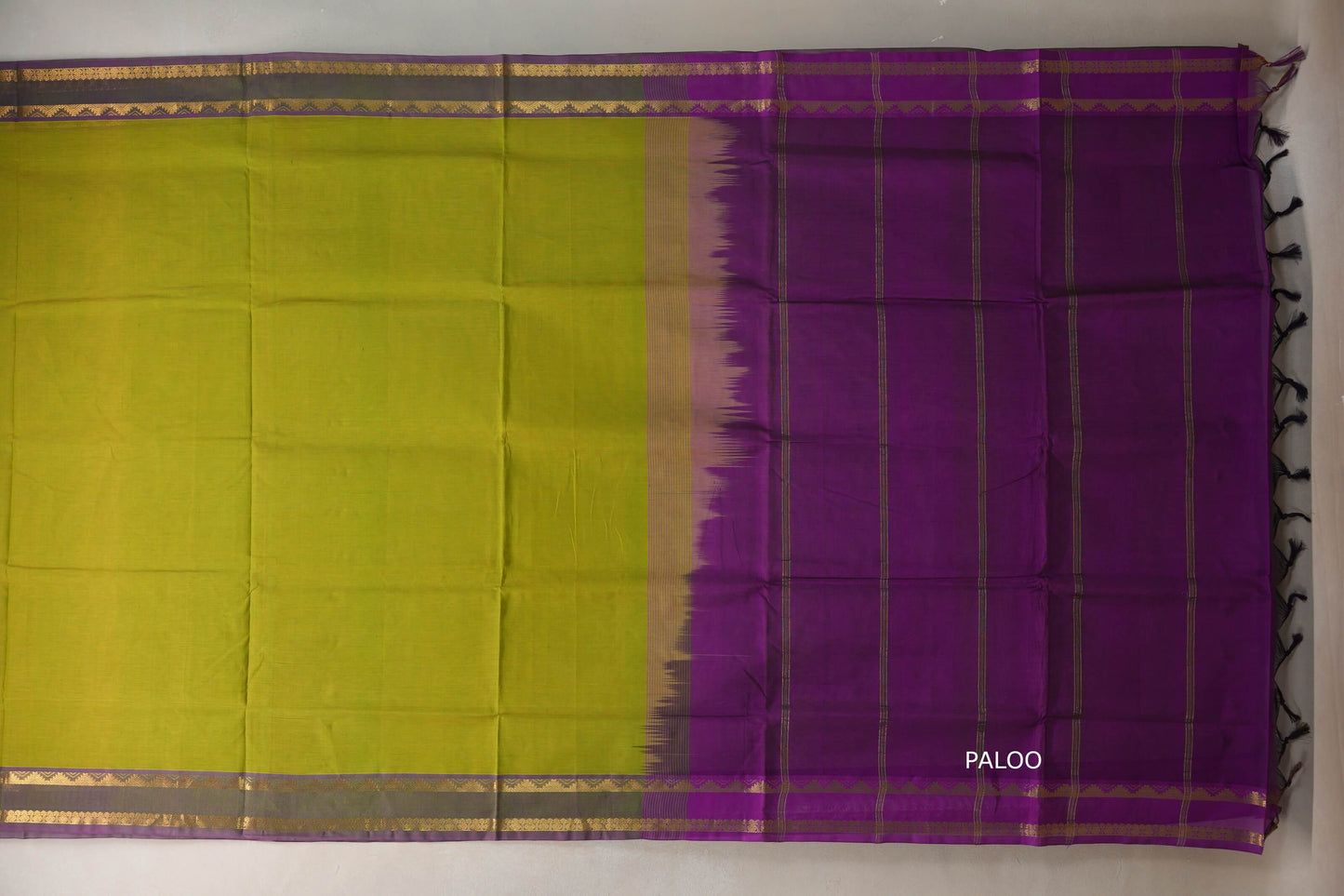Yellowish Green with purple borders Nine And A Half Yards Silk Cotton Saree by Shreenivas silks PSSR019162