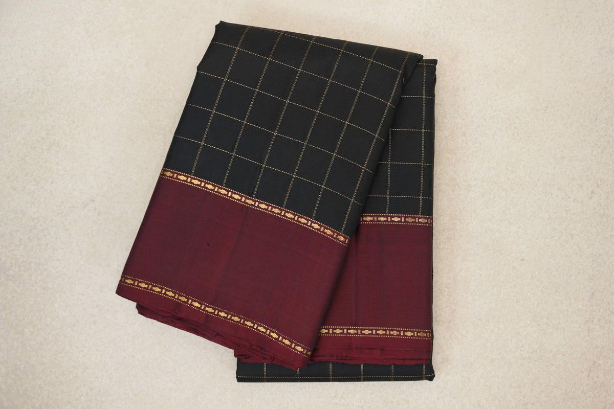 Jet Black with Deep Maroon Rettai Pettu Borders Vintage Kanjivaram Silk Saree by Shreenivas Silks PSSR0110279