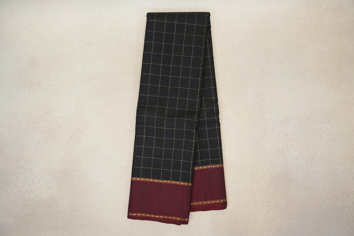 Jet Black with Deep Maroon Rettai Pettu Borders Vintage Kanjivaram Silk Saree by Shreenivas Silks PSSR0110279