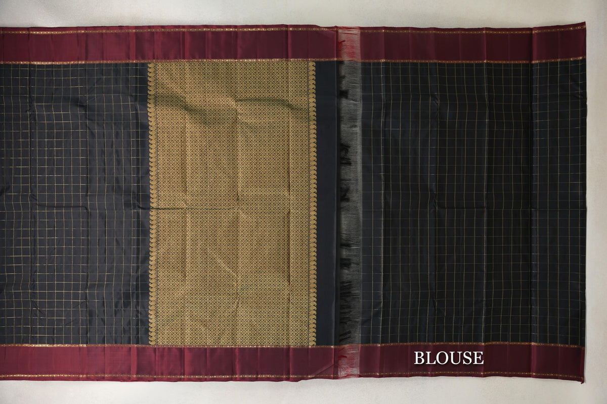 Jet Black with Deep Maroon Rettai Pettu Borders Vintage Kanjivaram Silk Saree by Shreenivas Silks PSSR0110279
