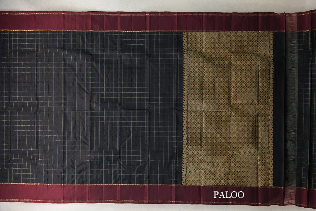 Jet Black with Deep Maroon Rettai Pettu Borders Vintage Kanjivaram Silk Saree by Shreenivas Silks PSSR0110279