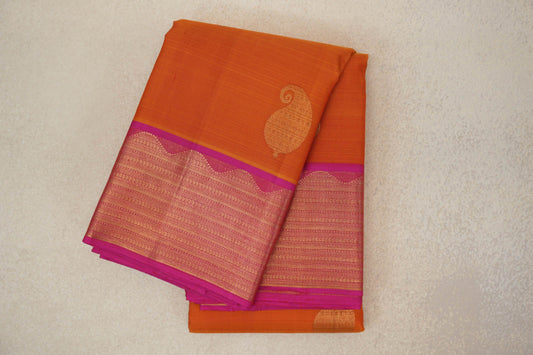 Dual Tone of Mango Orange and Red with Rani Pink Borders Vintage Kanjivaram Silk Saree by Shreenivas Silks PSSR0110280 - Parisera