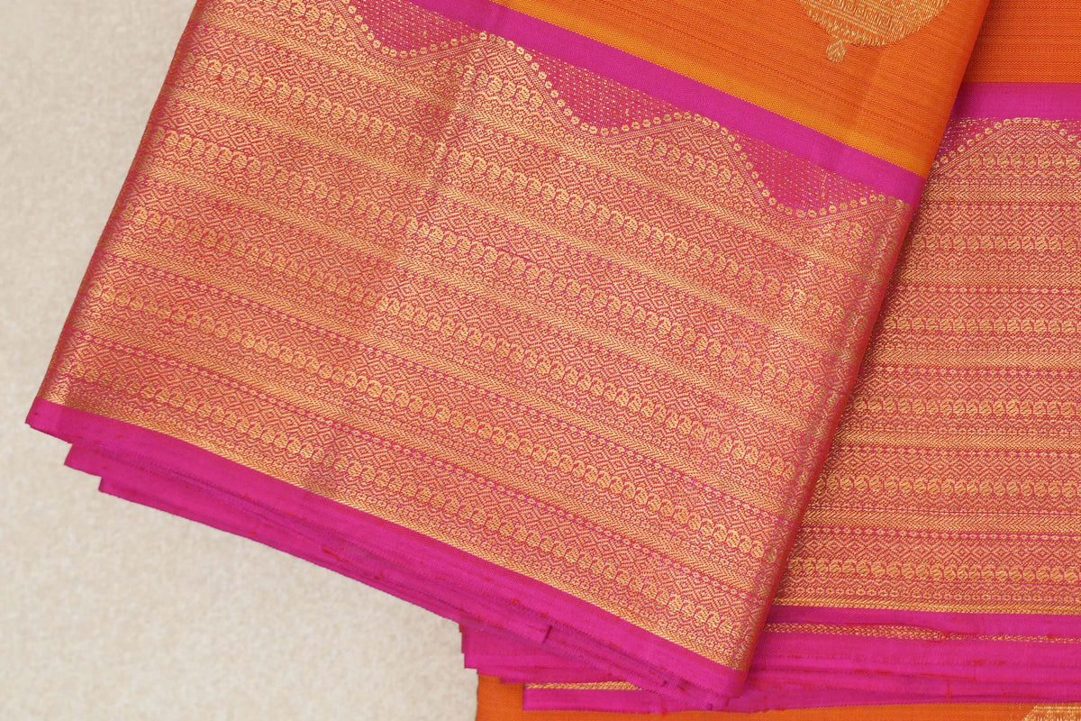 Dual Tone of Mango Orange and Red with Rani Pink Borders Vintage Kanjivaram Silk Saree by Shreenivas Silks PSSR0110280
