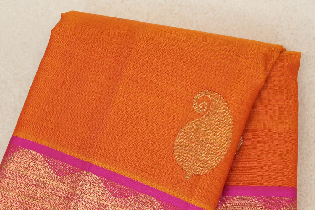 Dual Tone of Mango Orange and Red with Rani Pink Borders Vintage Kanjivaram Silk Saree by Shreenivas Silks PSSR0110280