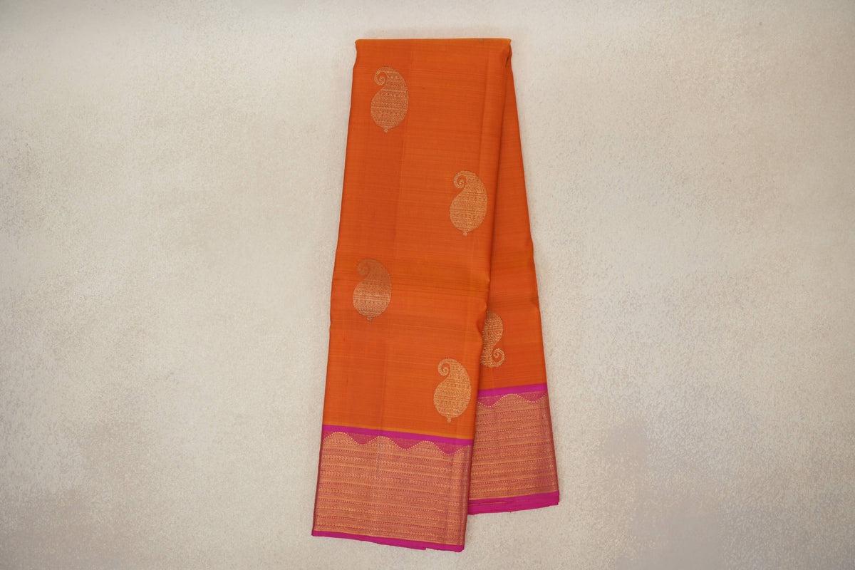 Dual Tone of Mango Orange and Red with Rani Pink Borders Vintage Kanjivaram Silk Saree by Shreenivas Silks PSSR0110280