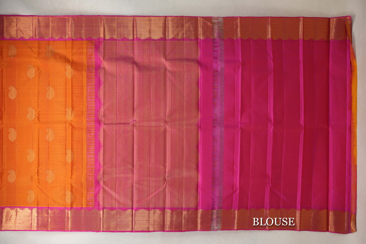 Dual Tone of Mango Orange and Red with Rani Pink Borders Vintage Kanjivaram Silk Saree by Shreenivas Silks PSSR0110280