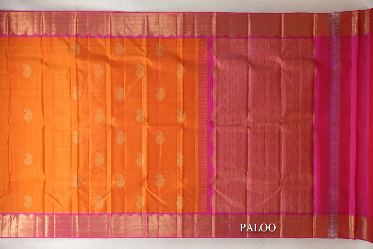 Dual Tone of Mango Orange and Red with Rani Pink Borders Vintage Kanjivaram Silk Saree by Shreenivas Silks PSSR0110280