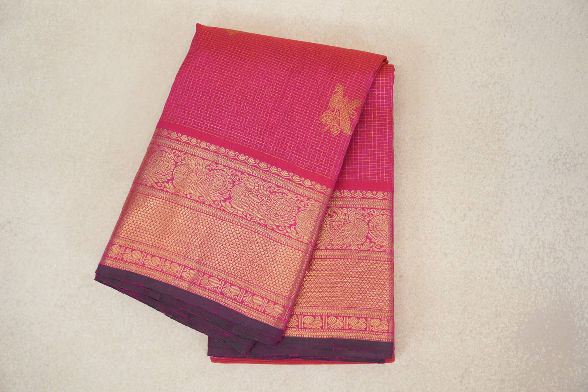 Orangish Pink with Dark Bottle Green Selvedge Vintage Kanjivaram Silk Saree by Shreenivas Silks PSSR0110282