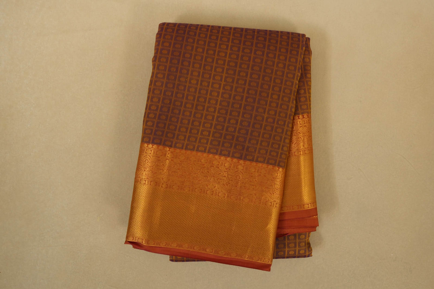 folded Purple with Mustard Body and Rust Borders Light Weight Kanchipuram Silk Saree