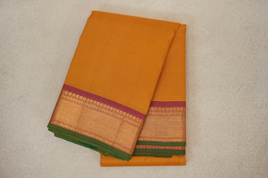 Mango Orange with Magenta Pink Borders with Leaf Green Selvedge Vintage Kanjivaram Silk Saree by Shreenivas Silks PSSR0110284 - Parisera