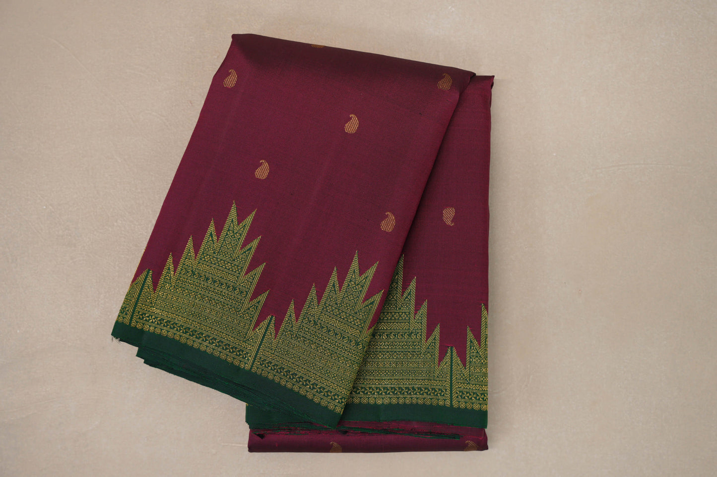 Deep Magenta with Deep Bottle Green Temple Borders Vintage Kanjivaram Silk Saree by Shreenivas Silks PSSR019173