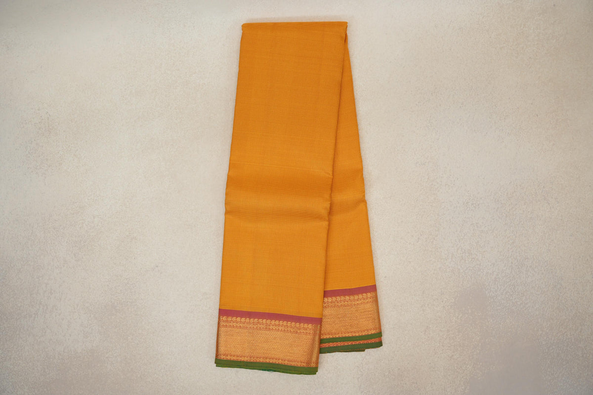 Mango Orange with Magenta Pink Borders with Leaf Green Selvedge Vintage Kanjivaram Silk Saree by Shreenivas Silks PSSR0110284