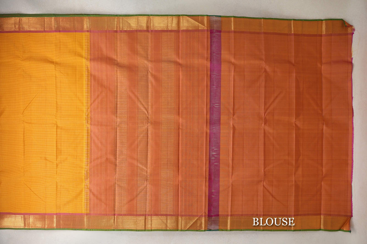 Mango Orange with Magenta Pink Borders with Leaf Green Selvedge Vintage Kanjivaram Silk Saree by Shreenivas Silks PSSR0110284